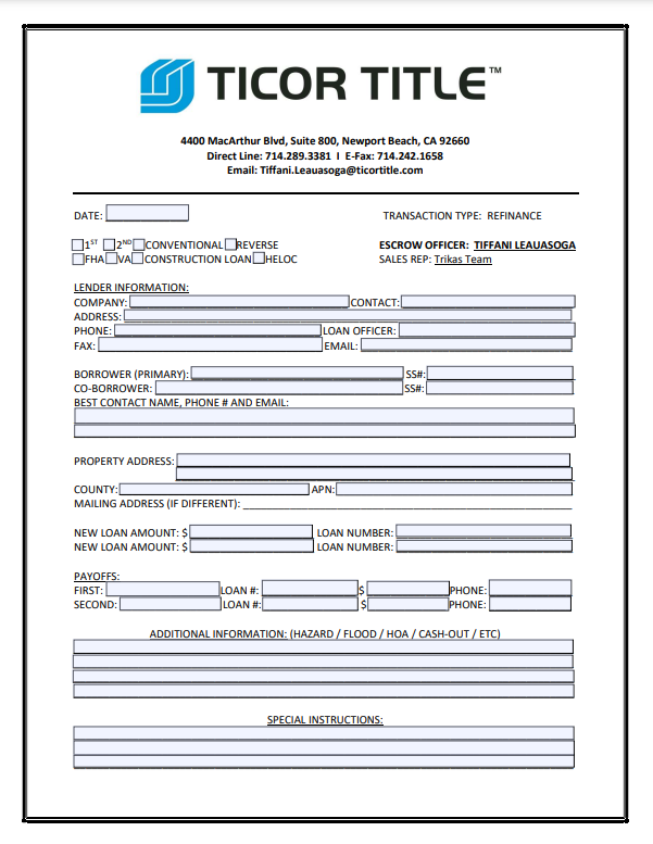 Ticor order form